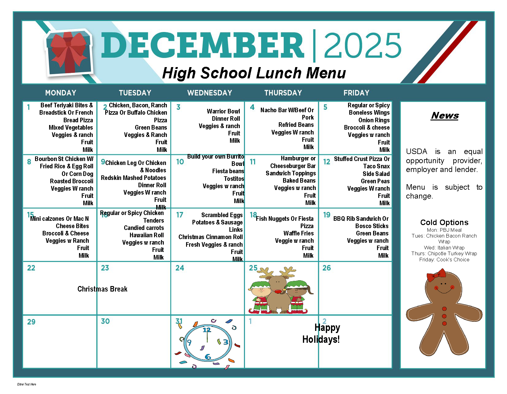 December WHS Lunch Menu